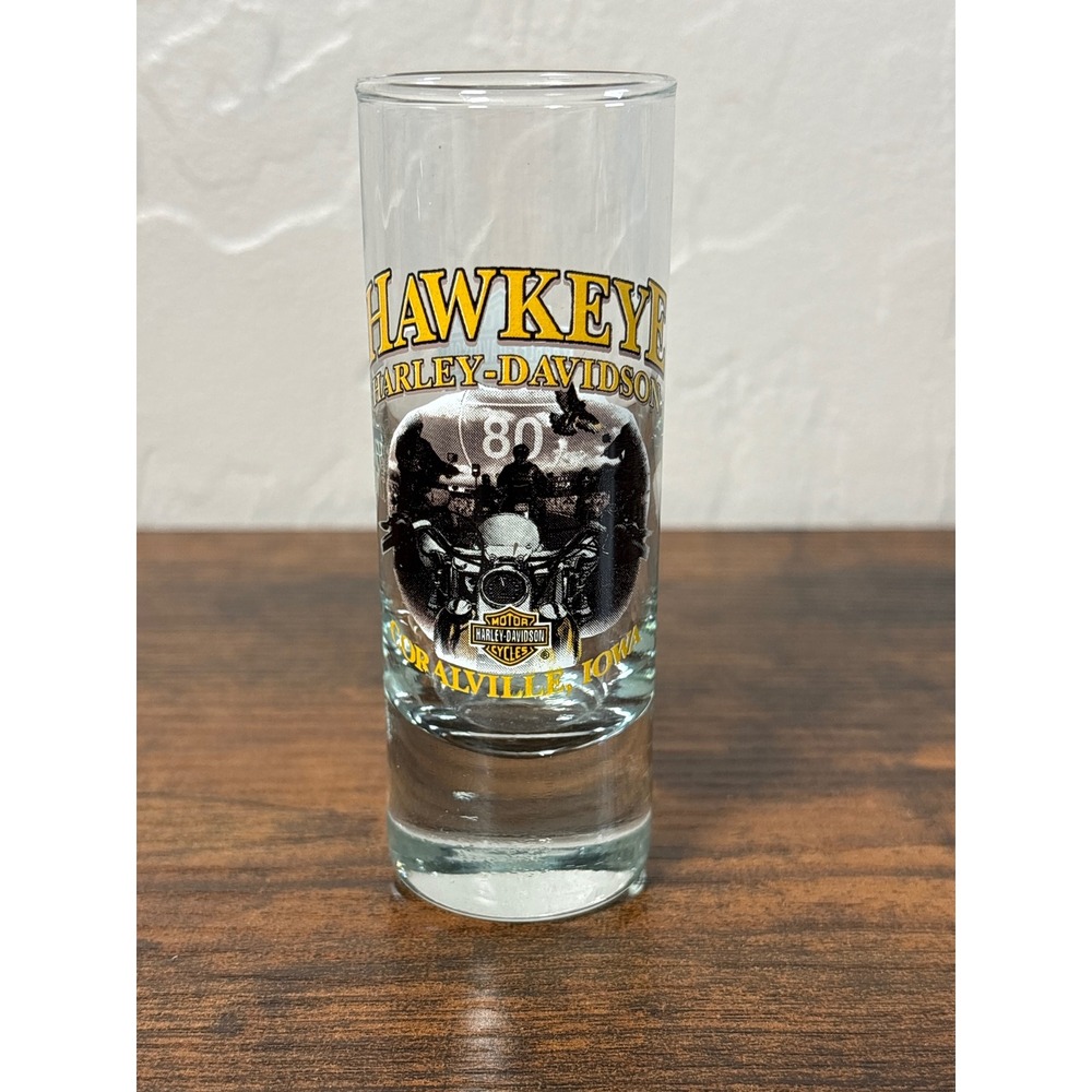 Harley-Davidson Hawkeye Coralville Iowa Tall‎ Shot Glass Shooter Bar Shield Logo